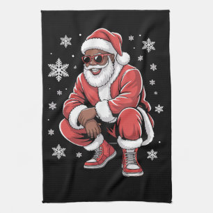 African American Christmas Pajama Xmas Afro Santa  Tea Towel