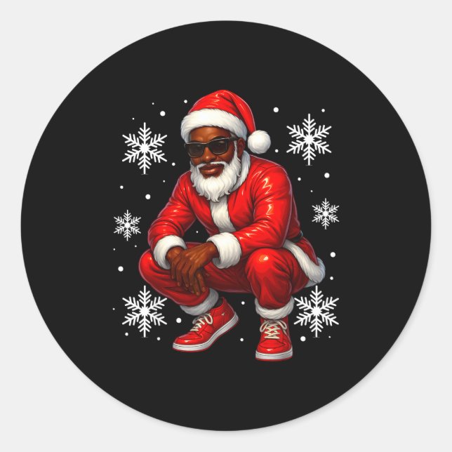 African American Cool Santa Claus Christmas Pajama Classic Round Sticker (Front)