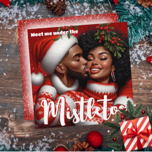 African American Couple Christmas Mistletoe Kiss Holiday Card