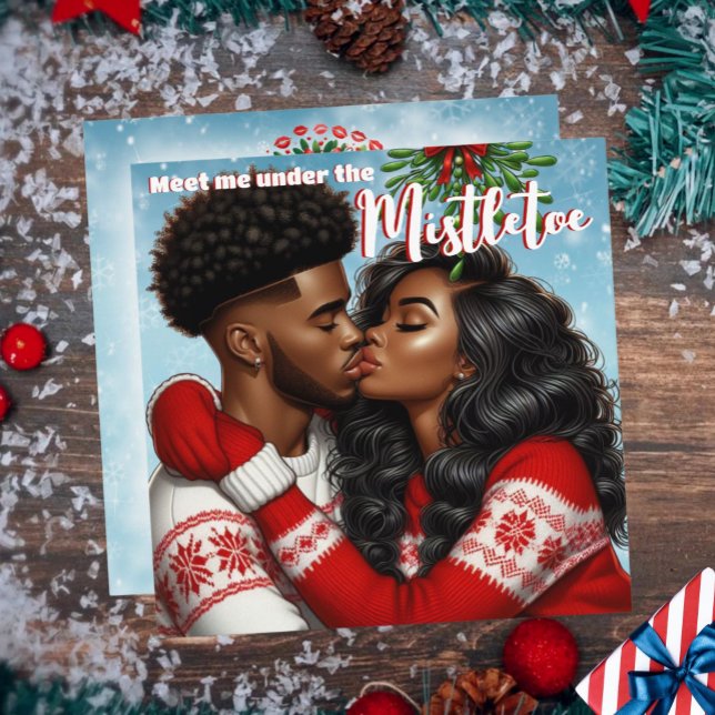 African American Couple Christmas Mistletoe Kiss Holiday Card (African American Sweethearts Couple Christmas Mistletoe Kiss Holiday Card)