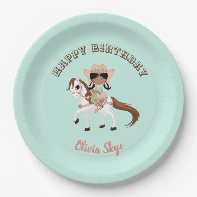 African American Cowgirl on Horse Girls Western Paper Plate (Front)