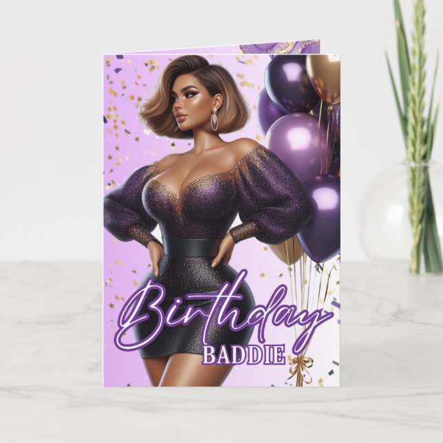 African American Curvy Woman Purple Glam Birthday Card (Front)