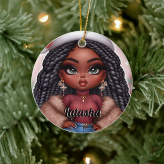 African American Cute Christmas woman Ceramic Ornament