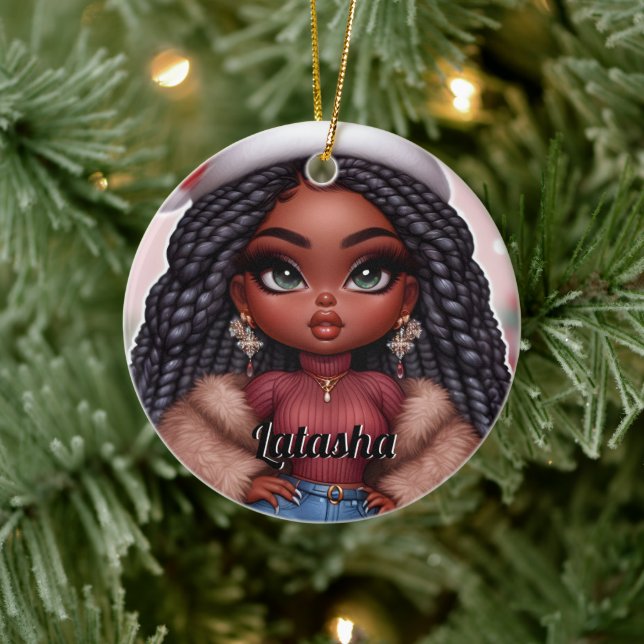 African American Cute Christmas woman Ceramic Ornament (Tree)