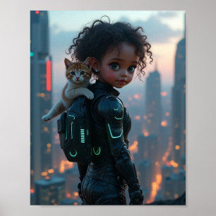 african american cute gal with kitten poster