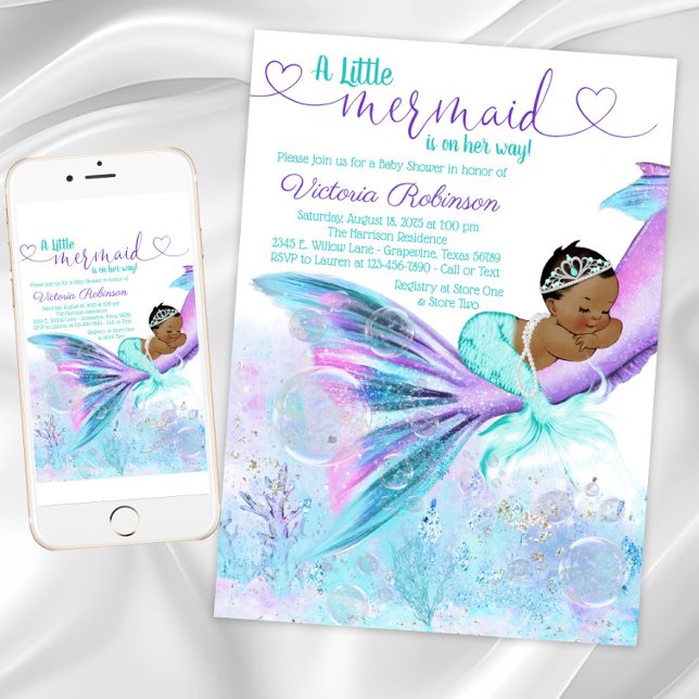 African American Ethnic Mermaid Baby Shower Invitation (African American Mermaid Baby Shower Invitation. Instant download and printed invitations available.)
