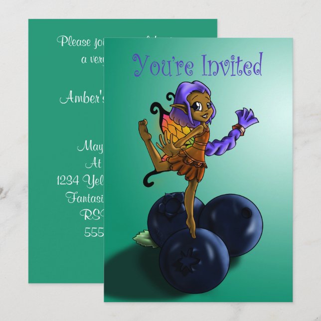 African American Fairy and Blueberry Birthday Invitation (Front/Back)
