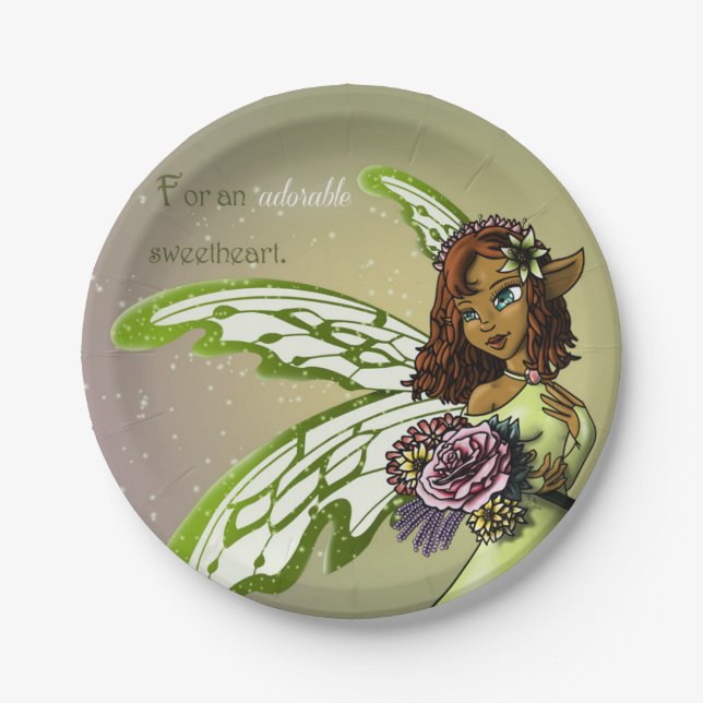 African American Fairy and Flowers Birthday Paper Plate (Front)