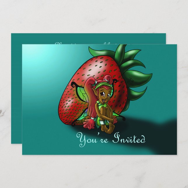 African American Fairy and Strawberry Birthday Invitation (Front/Back)