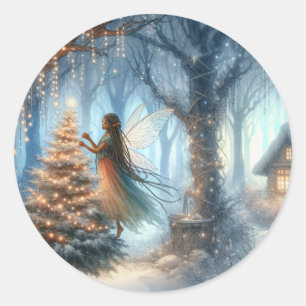 African-American Fairy Decorating Christmas Tree Classic Round Sticker