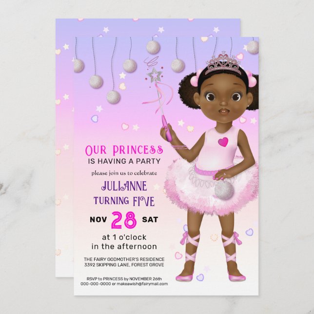African American Fairy Princess Birthday Invitation (Front/Back)