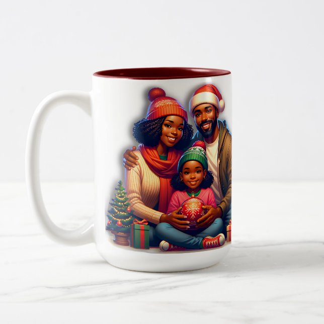 African-American Family Merry Christmas Two-Tone Coffee Mug (Left)