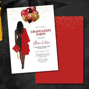 African American Female Red Graduation Party Invitation