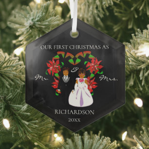 African American First Christmas as Mr & Mrs Glass Tree Decoration