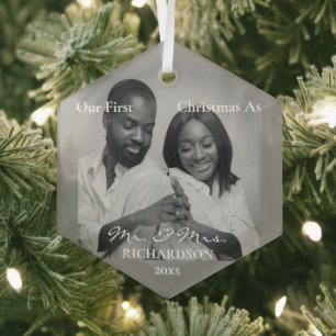 African American First Christmas as Mr & Mrs Photo Glass Tree Decoration