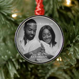 African American First Christmas as Mr & Mrs Photo Metal Ornament