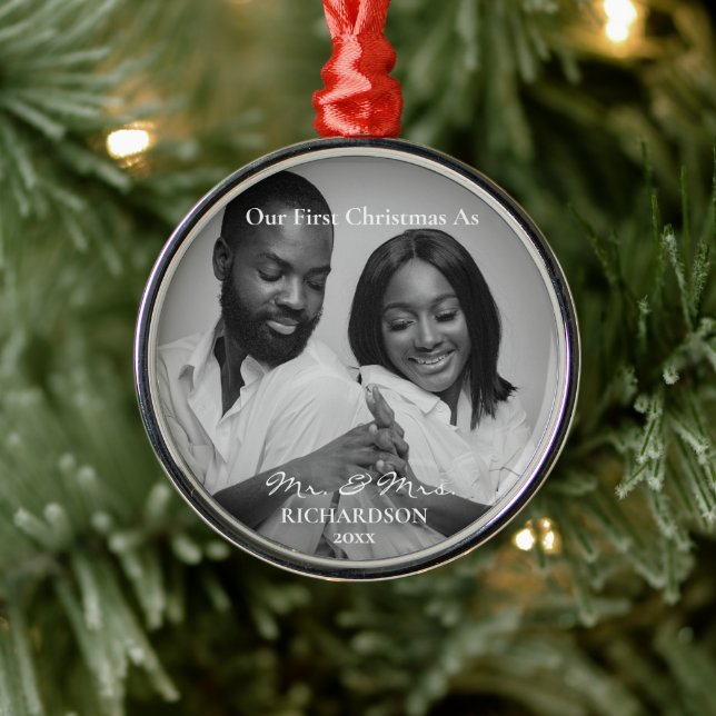 African American First Christmas as Mr & Mrs Photo Metal Ornament (Tree)
