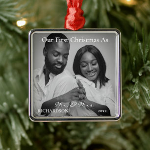 African American First Christmas as Mr & Mrs Photo Metal Ornament