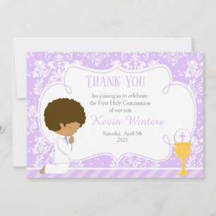 African American First Communion Damask Thank You Card