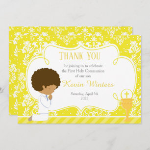 African American First Communion Damask Thank You Card