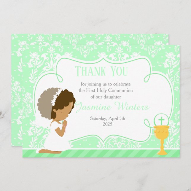 African American First Communion Damask Thank You Card (Front/Back)