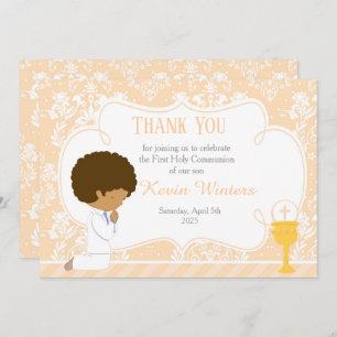 African American First Communion Damask Thank You Card