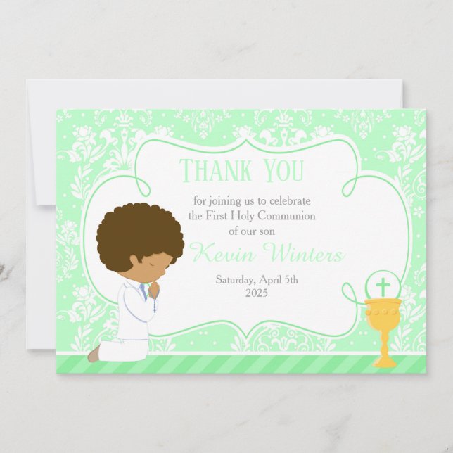 African American First Communion Damask Thank You Card (Front)