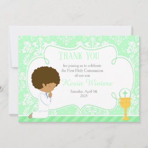 African American First Communion Damask Thank You Card