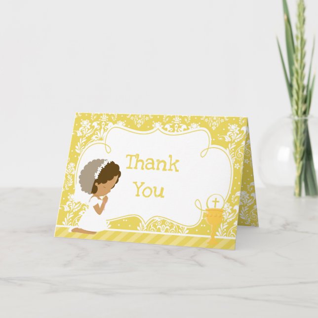 African American First Communion Damask Thank You Card (Front)