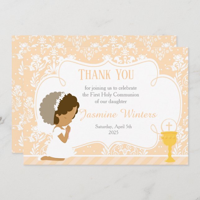 African American First Communion Damask Thank You Card (Front/Back)