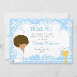 African American First Communion Damask Thank You Card