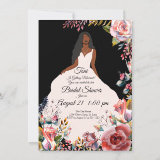 African American Floral Garden Bride- Black Invitation