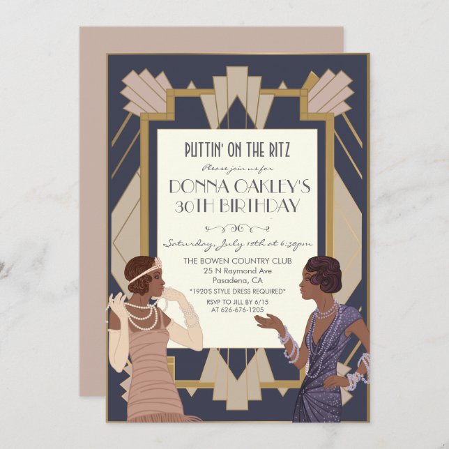 African American Gatsby Art Deco Birthday Invitation (Front/Back)