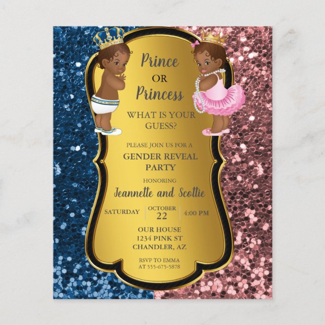 African American Gender Reveal Gold Glitter  Invit (Front)