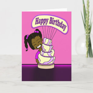 African American Girl and Cake Birthday Card