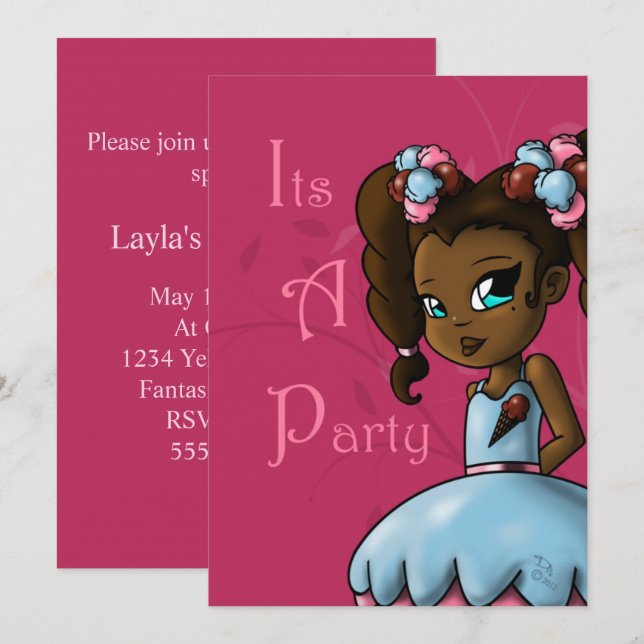 African American Girl and Ice Cream Birthday Party Invitation (Front/Back)