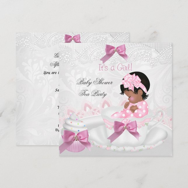 African American Girl Baby Shower Pink Baby Teacup Invitation (Front/Back)