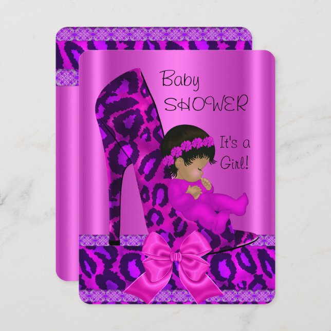 African American Girl Baby Shower Pink Leopard Invitation (Front/Back)
