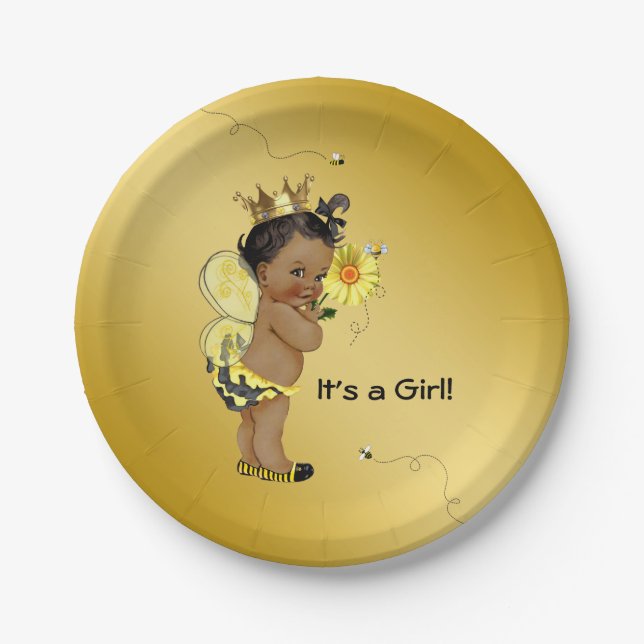 African American Girl Bee Baby Shower Paper Plate (Front)