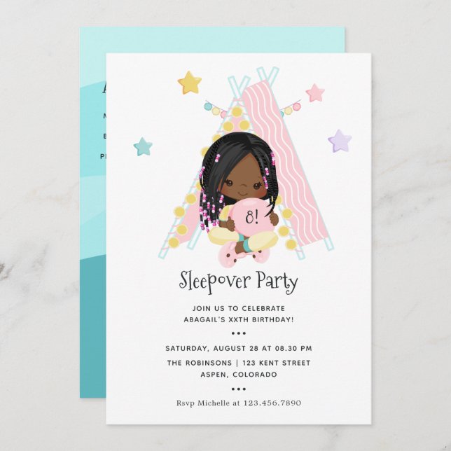 African American Girl Braid Birthday Slumber Party Invitation (Front/Back)