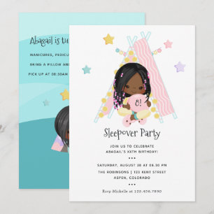 African American Girl Braid Birthday Slumber Party Invitation