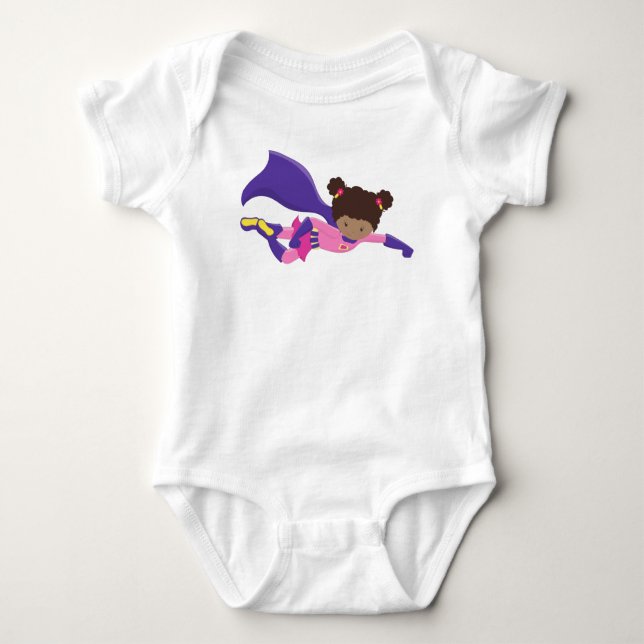 African American Girl, Cape, Superhero Girl Baby Bodysuit (Front)