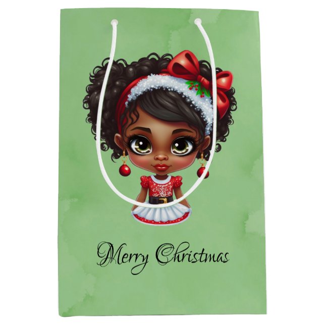 African American Girl Christmas Dress Custom Medium Gift Bag (Front)