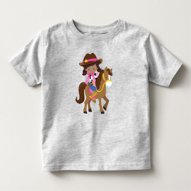 African American Girl, Cowgirl, Sheriff, Horse Toddler T-Shirt (Front)