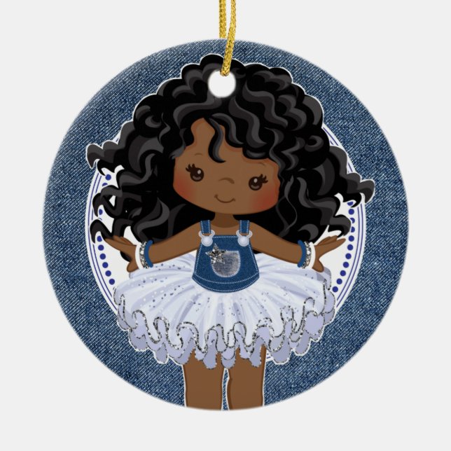 African American Girl Denim & Diamonds Christmas Ceramic Ornament (Front)