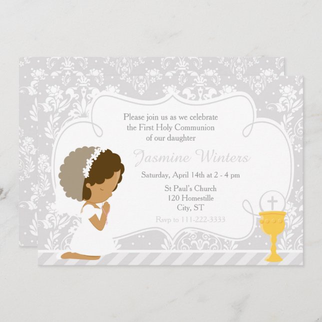 African American Girl First Communion Damask Invitation (Front/Back)