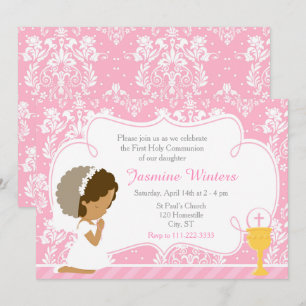 African American Girl First Communion Damask Invitation