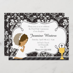 African American Girl First Communion Damask Invitation
