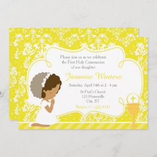 African American Girl First Communion Damask Invitation