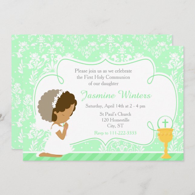 African American Girl First Communion Damask Invitation (Front/Back)